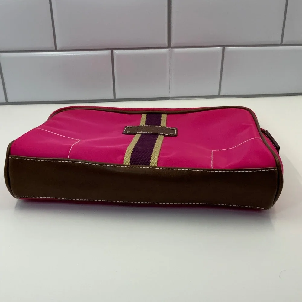 XOXO Hot Pink Nylon Cosmetic‎ Bag Makeup Pouch Brown Trim Striped Accent